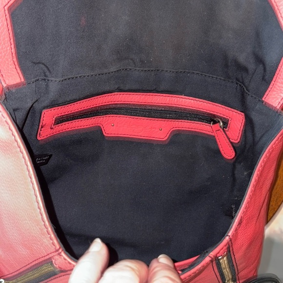 Halogen  Crossbody bag  envelope style pebbled leather  dark, coral, black trim - Picture 15 of 17